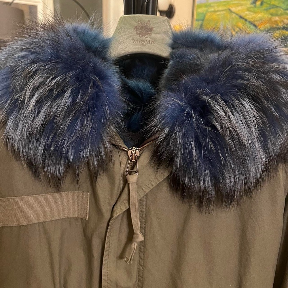Mr & Mrs Italy Fur lined army parka blue fox raccoon trim coat khaki - Picture 14 of 16